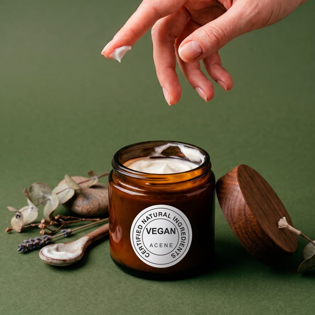 Crema facial natural en tarro de cristal con el sello vegano de Acene